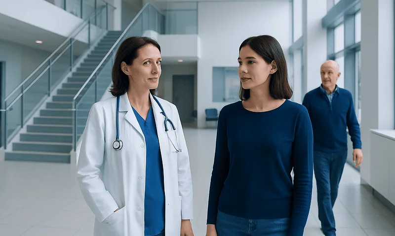 Doctor and patient having a conversation in a modern hospital lobby.