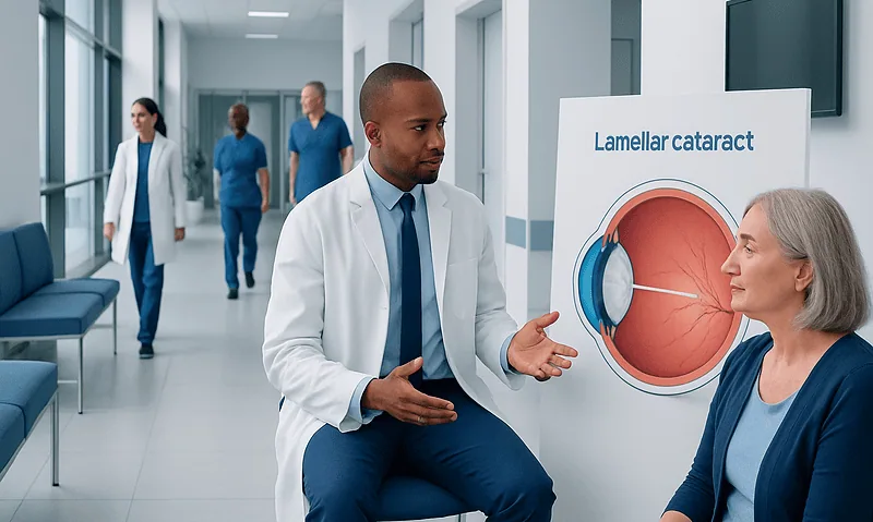 Doctor explaining lamellar cataract to a patient in a hospital corridor.