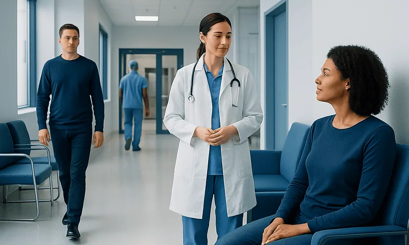Doctor consulting a patient in a hospital corridor with staff in the background.
