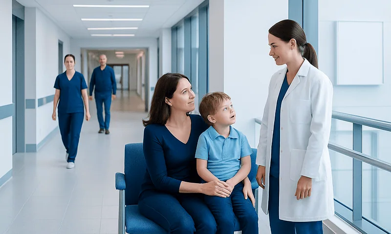 Laryngeal Cleft Repair: Procedure, Recovery and Results 6 Child with mother consulting a doctor in hospital corridor.