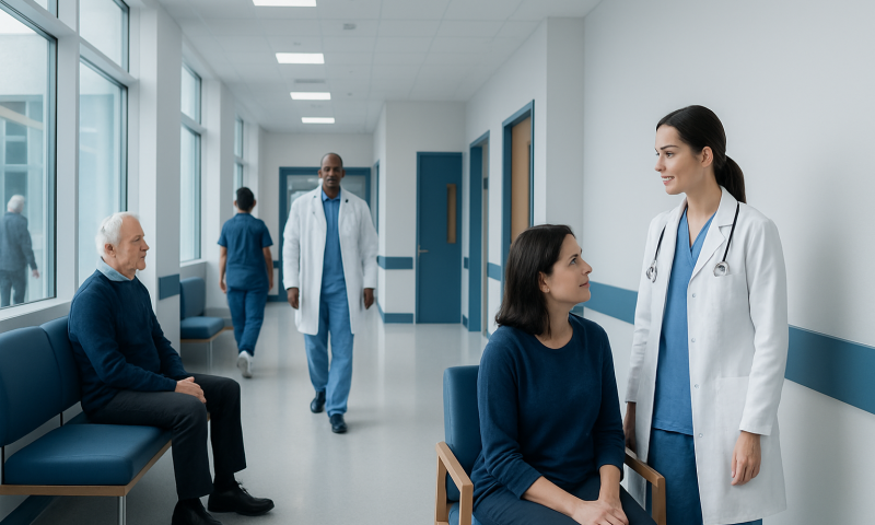 Medical consultation in hospital corridor with doctor and patient.
