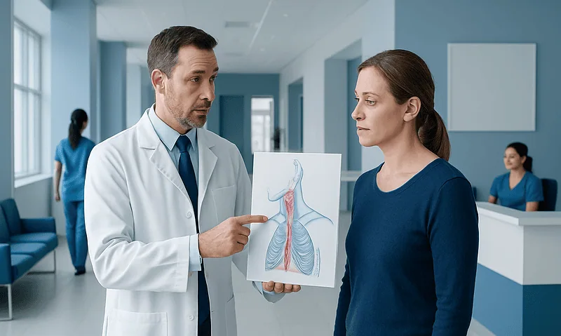 Doctor explaining larynx anatomy to a patient in hospital setting.