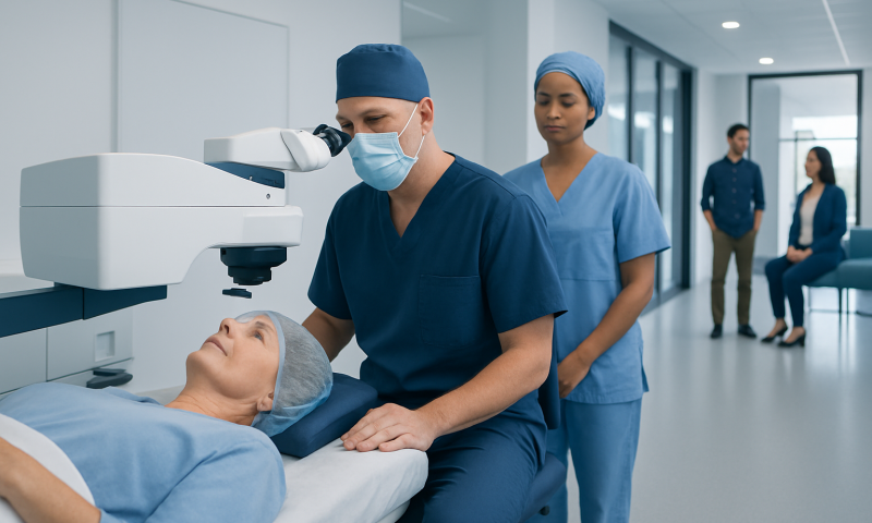 Surgeon performing laser eye surgery on a patient in a modern hospital.