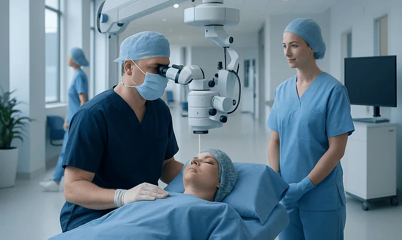 Surgeon performing laser eye surgery with medical team in hospital.
