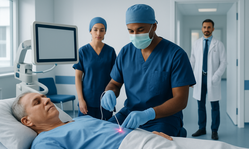 Medical team performing laser treatment on a patient in hospital.