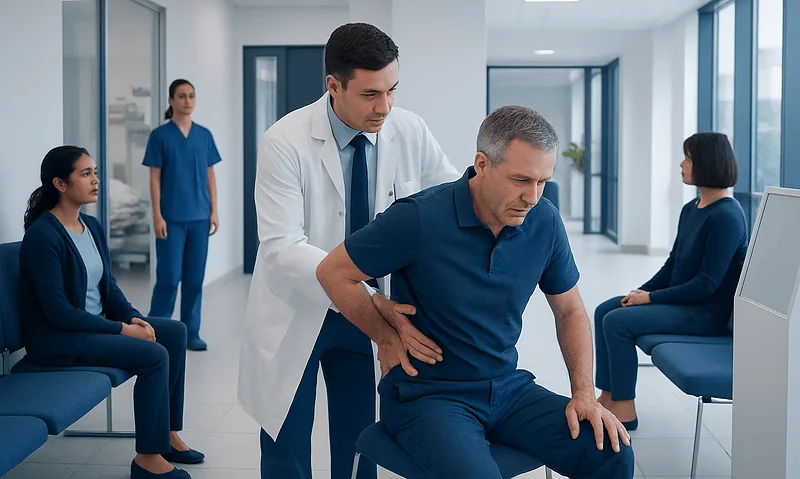 Doctor examining a patient in a modern hospital corridor.
