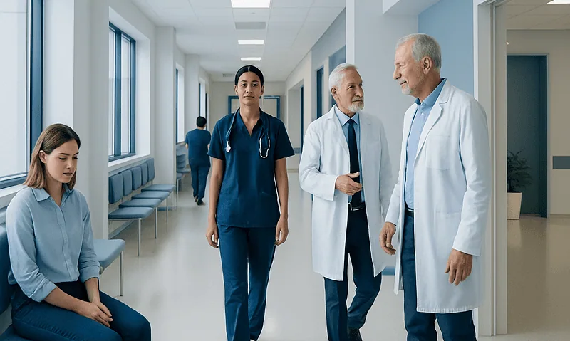 Medical team discussing patient care in hospital corridor.