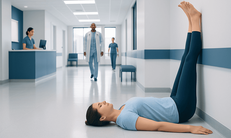 Patient with legs up the wall in hospital corridor for medical therapy.