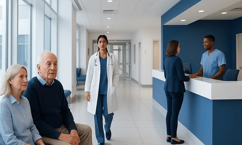 Patients waiting in a hospital corridor with medical staff nearby.