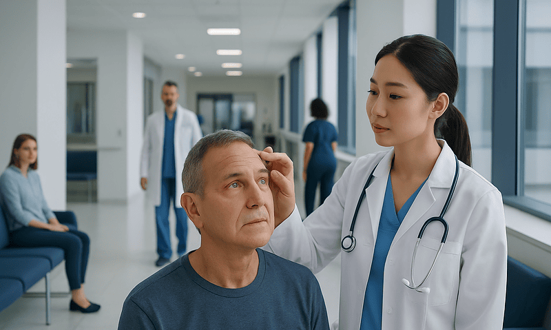 Doctor examining a patient's eye in a hospital corridor.