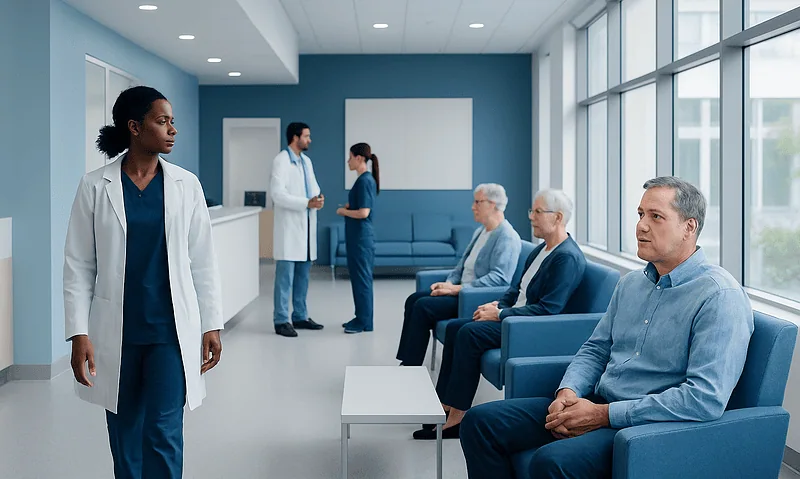 Medical professionals and patients in a hospital waiting area.