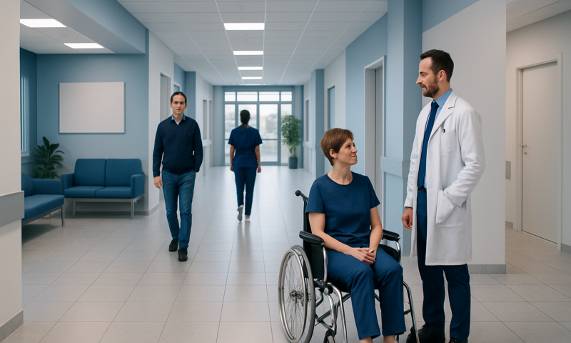 Hospital corridor with medical staff and a patient in wheelchair.