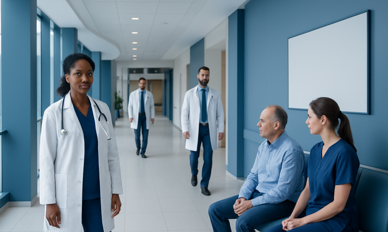 Medical team discussing patient care in hospital corridor.
