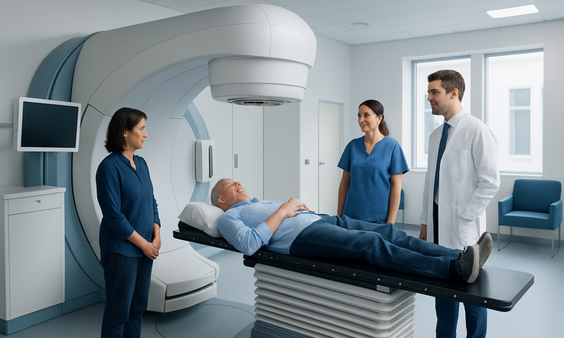 Patient undergoing radiation therapy in a modern hospital setting with medical staff.