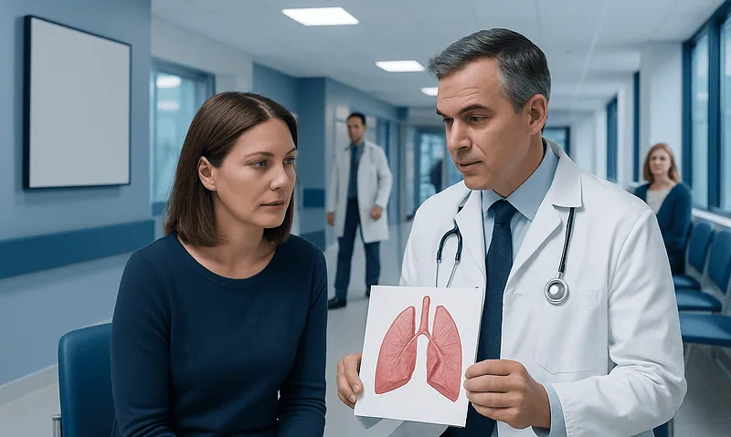 Doctor explaining lung anatomy to a patient in a hospital corridor.