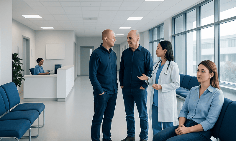 Medical professionals and patients in a modern hospital waiting area.