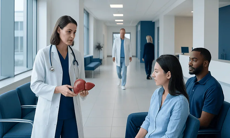 Doctor explaining liver health to patients in hospital corridor.