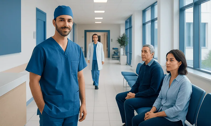 Surgeon in hospital corridor with patients waiting nearby.
