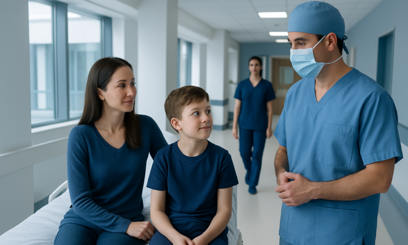 Child and mother talking to a doctor in hospital corridor.