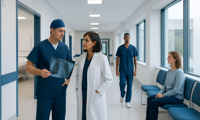 Medical team discussing patient care in hospital corridor.