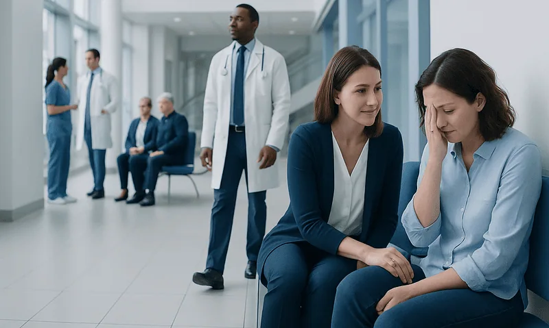 Medical professionals and patients in a hospital corridor.