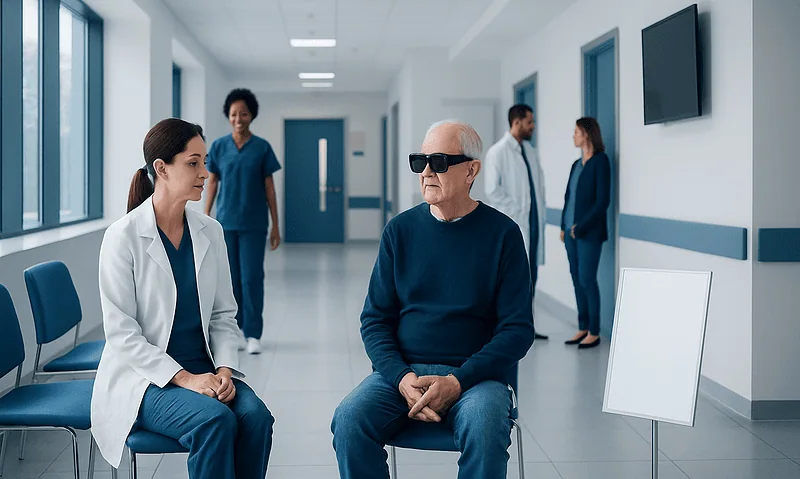 Elderly man undergoing vision test with special glasses in hospital corridor.