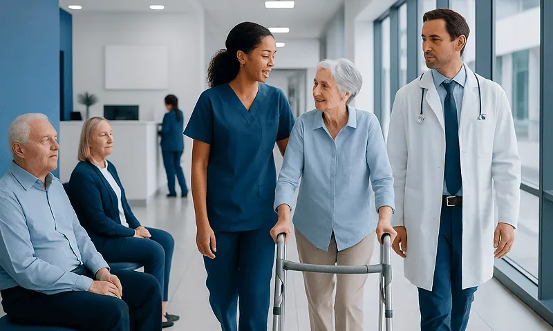 Healthcare professionals assisting elderly patient in hospital corridor.