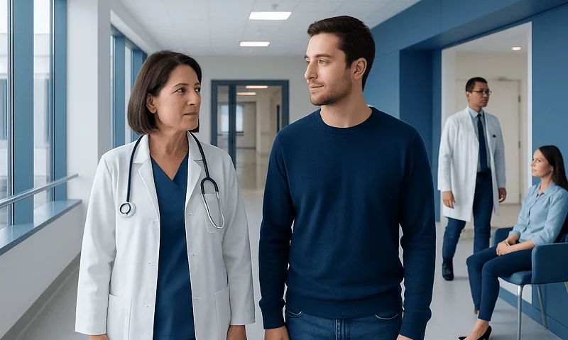 Doctor and patient having a conversation in a hospital corridor.
