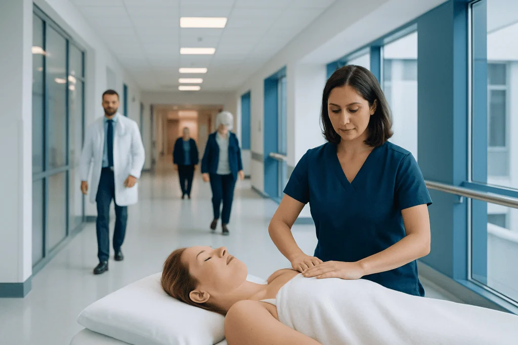 Lymphatic Drainage Massage Therapy: How It Works, Results and What to Expect 1 Nurse performing lymphatic drainage massage on patient in hospital corridor.
