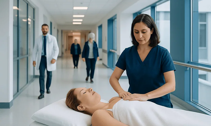 Nurse performing lymphatic drainage massage on patient in hospital corridor.