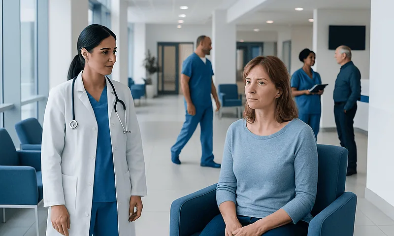 Medical consultation in a modern hospital with a female doctor and patient.