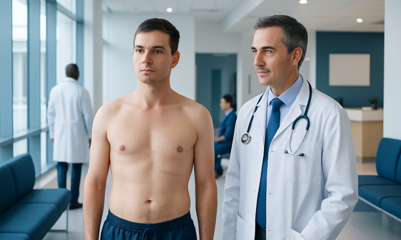 Doctor examining male patient in hospital waiting area.