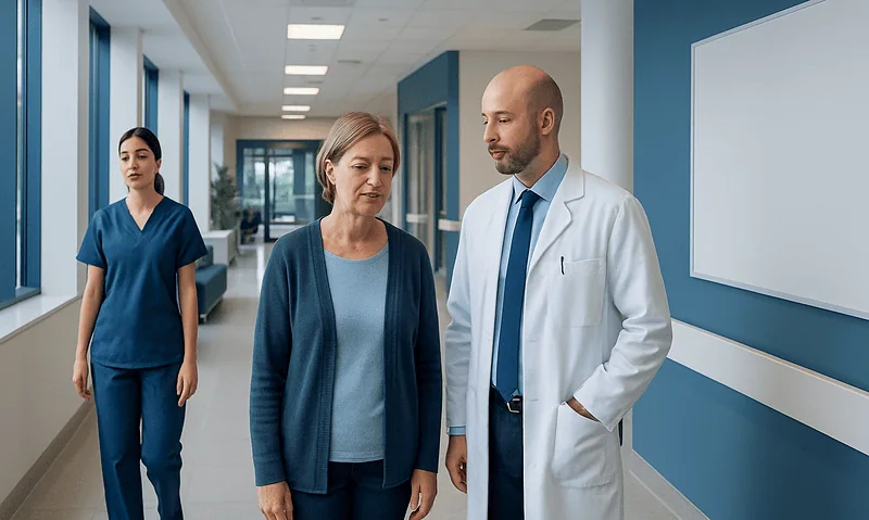 Doctor consulting with a patient in a hospital corridor with nurse in background.