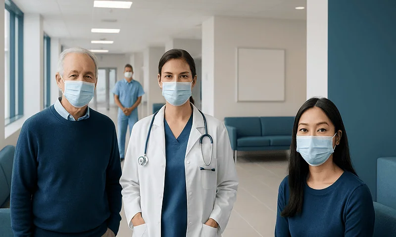 Healthcare professionals wearing masks in a hospital corridor.