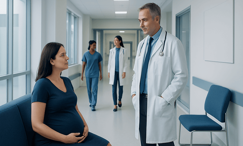 Doctor talking to pregnant woman in hospital corridor.