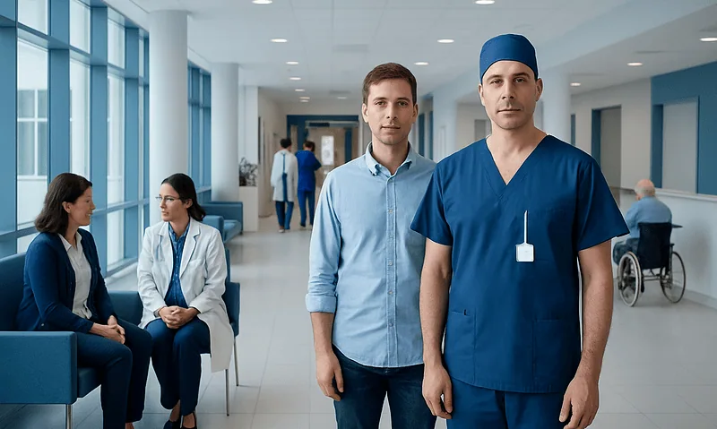 Healthcare professionals in a modern hospital corridor with patients and staff.