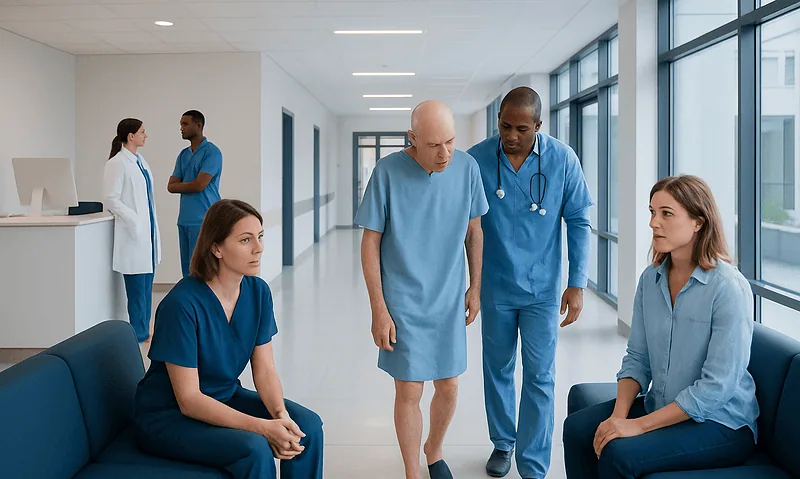 Medical team discussing patient care in hospital corridor.