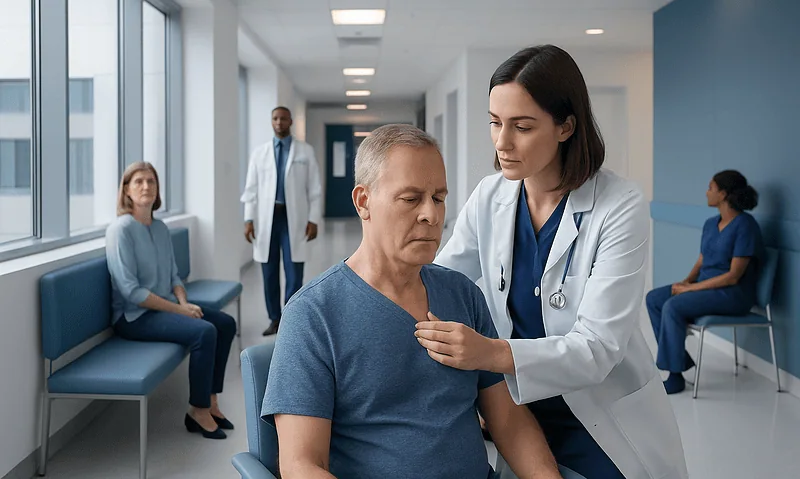 Doctor examining a patient in a hospital corridor with other patients nearby.