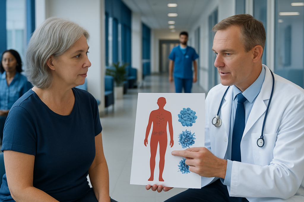Melanoma Immunotherapy: How It Works, Results and What to Expect 1 Doctor explaining melanoma immunotherapy to a patient in hospital corridor.