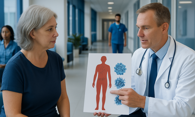 Doctor explaining melanoma immunotherapy to a patient in hospital corridor.