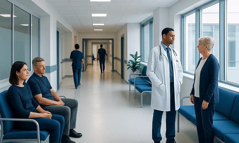 Medical consultation in hospital corridor with doctor and patient.