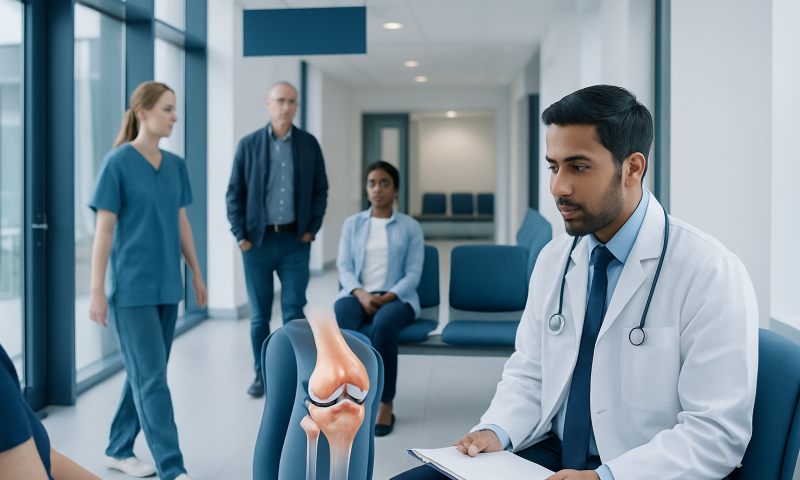 Doctor consulting with patients in a hospital corridor with knee model.