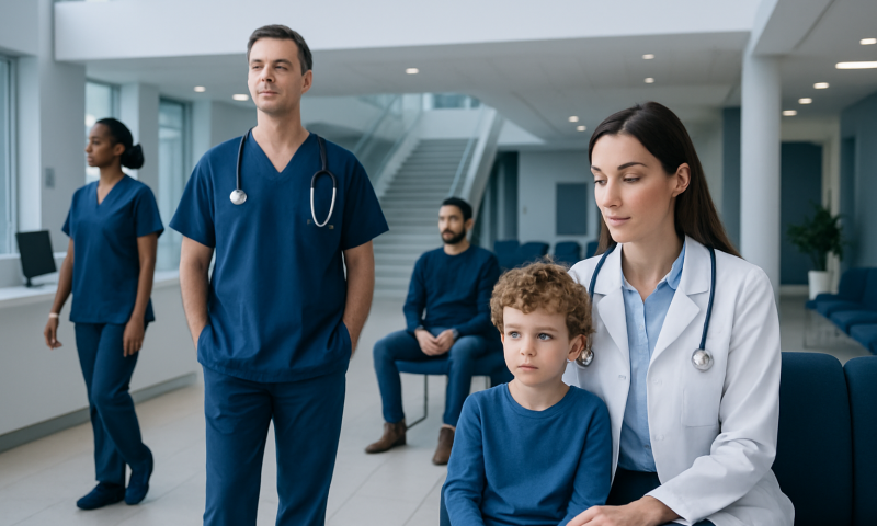 Medical team with children in hospital waiting area at Acibadem Hospitals Group.