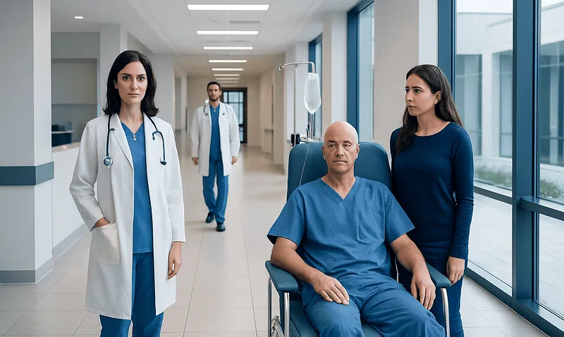 Medical team with patient in hospital corridor at Acibadem Hospitals Group.