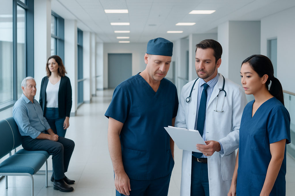 Mesothelioma Surgery: Procedure, Recovery and Results 1 Medical team discussing patient care in hospital corridor.