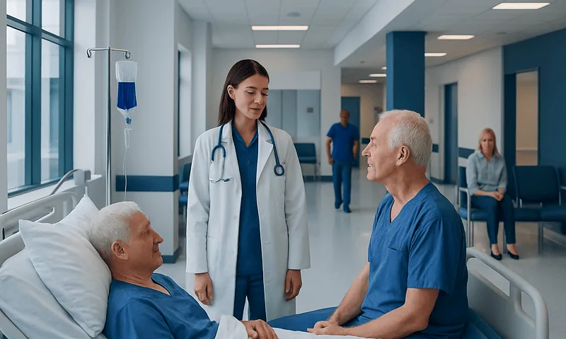 Compassionate doctor talking to elderly patient in hospital room.