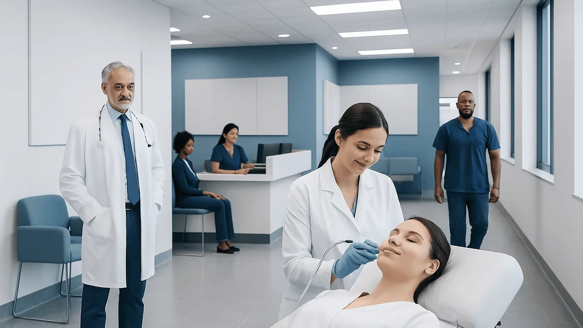 Medical professional performs skin treatment on patient in clinic setting.