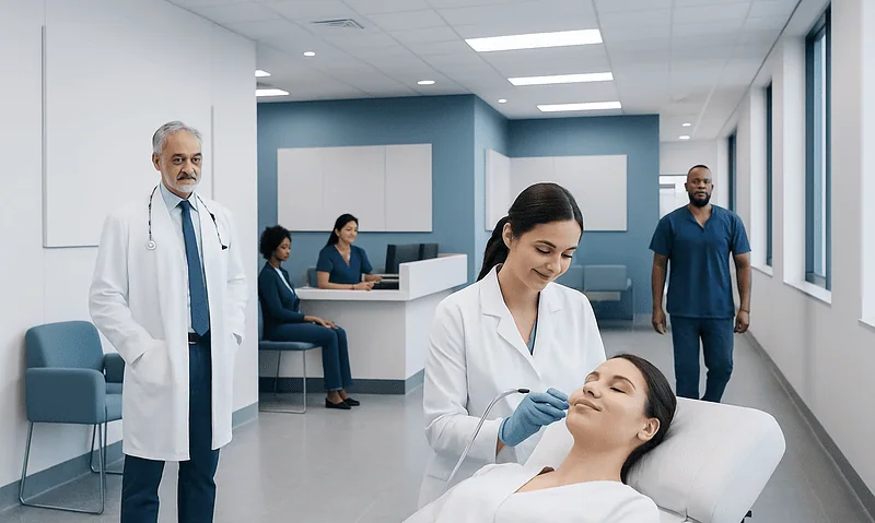 Medical professional performs skin treatment on patient in clinic setting.