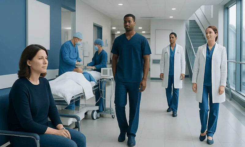 Medical team preparing for a procedure in a modern hospital corridor.