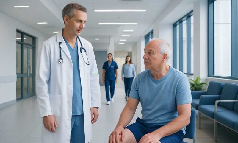 Minimally Invasive Knee Replacement: Procedure, Recovery and Results 5 Doctor consulting with an elderly patient in a hospital corridor.